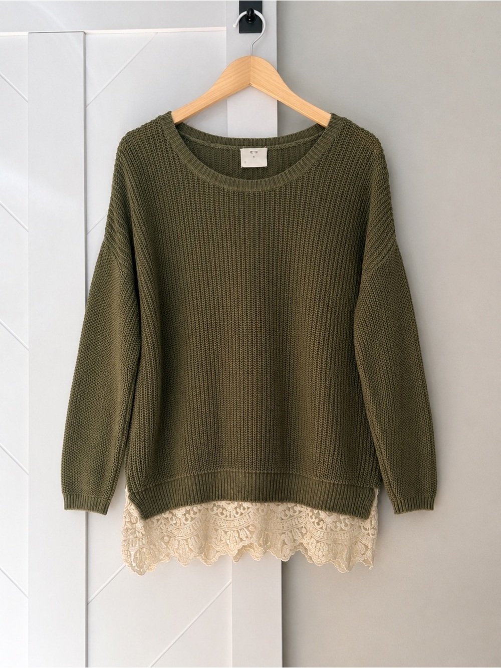 Pins and Needles Olive Knit Sweater with Cream Lace Hem Size Small Boho